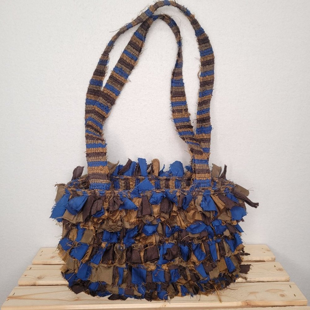 Funky Boho Woven Shaggy Rag Bag Shoulder Purse Blue Brown